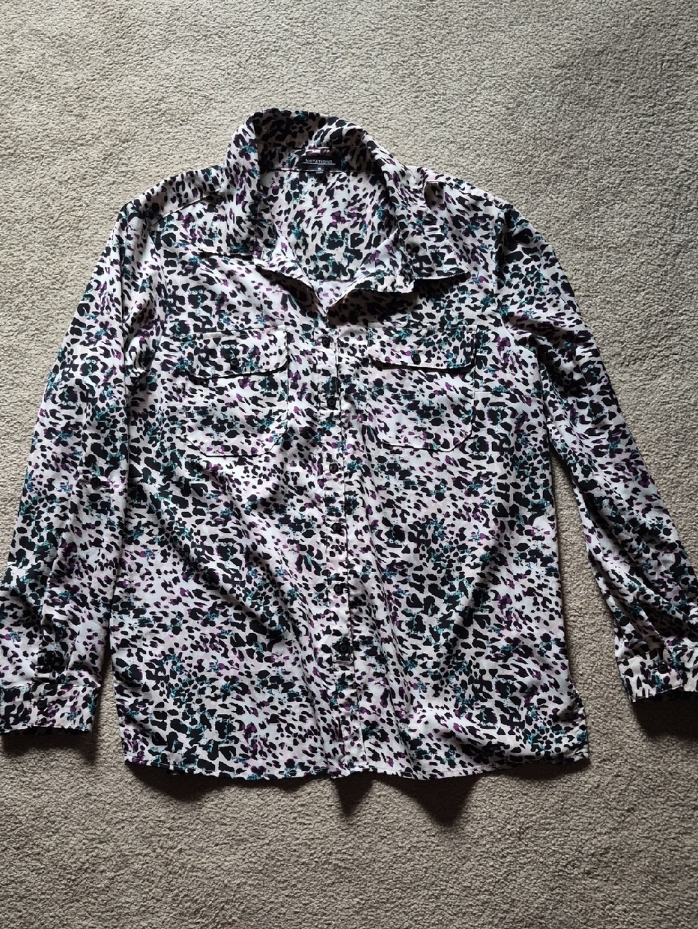 Notations  Button-Up Tan Shirt With Black , Teal And Plum  Spot Print